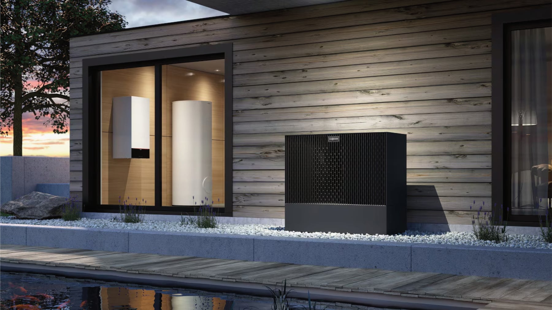 Viessmann Vitocal Wärmepumpen-Außeneinheit an einem modernen Wohnhaus