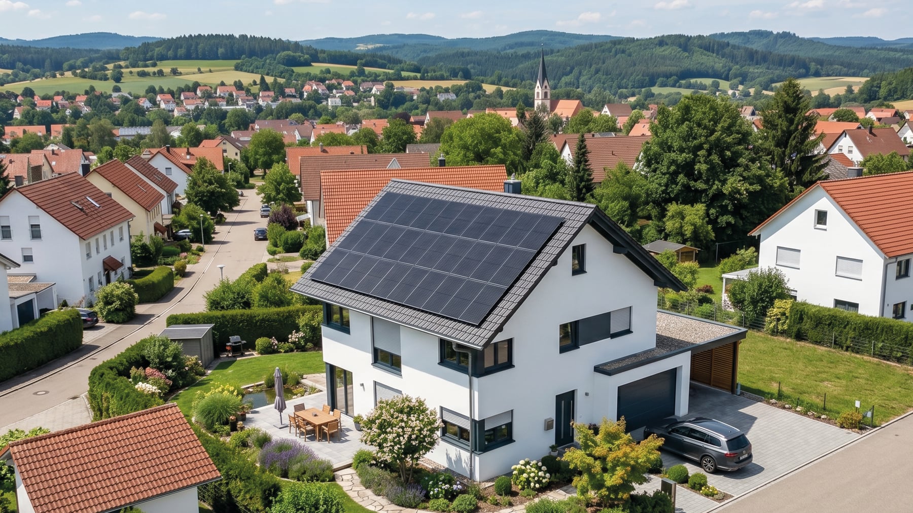 Luftaufnahme eines Einfamilienhauses mit Photovoltaikanlage auf dem Dach in Bayern
