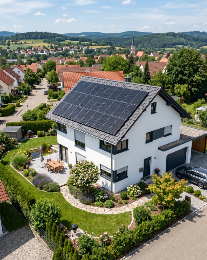 Luftaufnahme eines Einfamilienhauses mit Photovoltaikanlage auf dem Dach